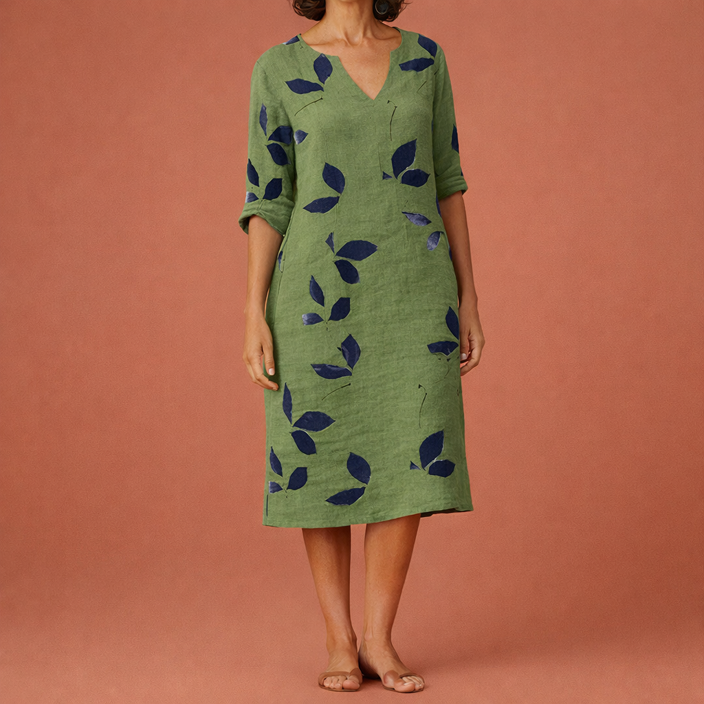 Midi dress with leaf print and V-neck for women | Nina