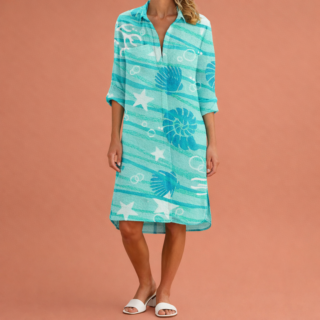 Midi summer dress with colorful print and A-line fit for women | Annalise