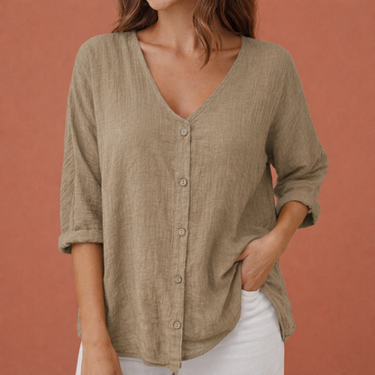 V-neck women's T-shirt with button closure and three-quarter sleeves | Ylena
