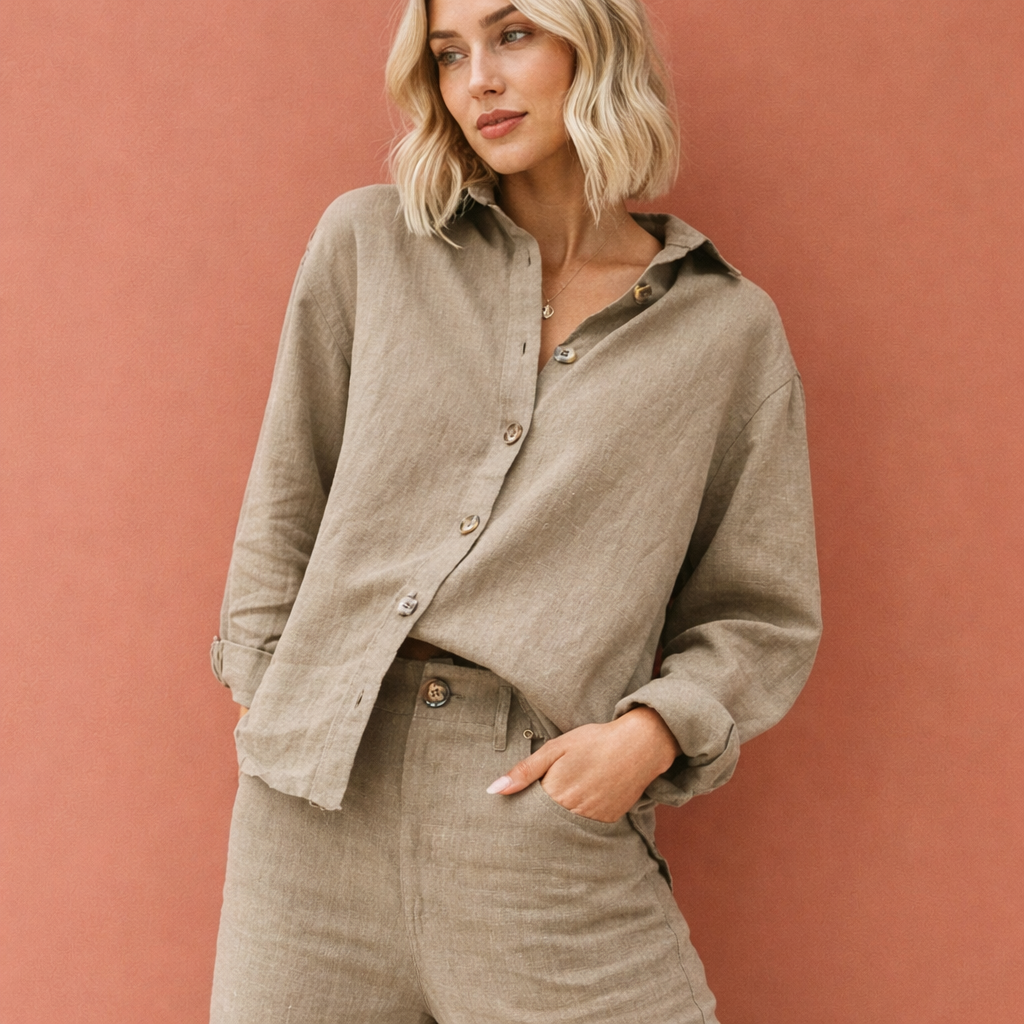 Linen look blouse with button closure for women | Esmée