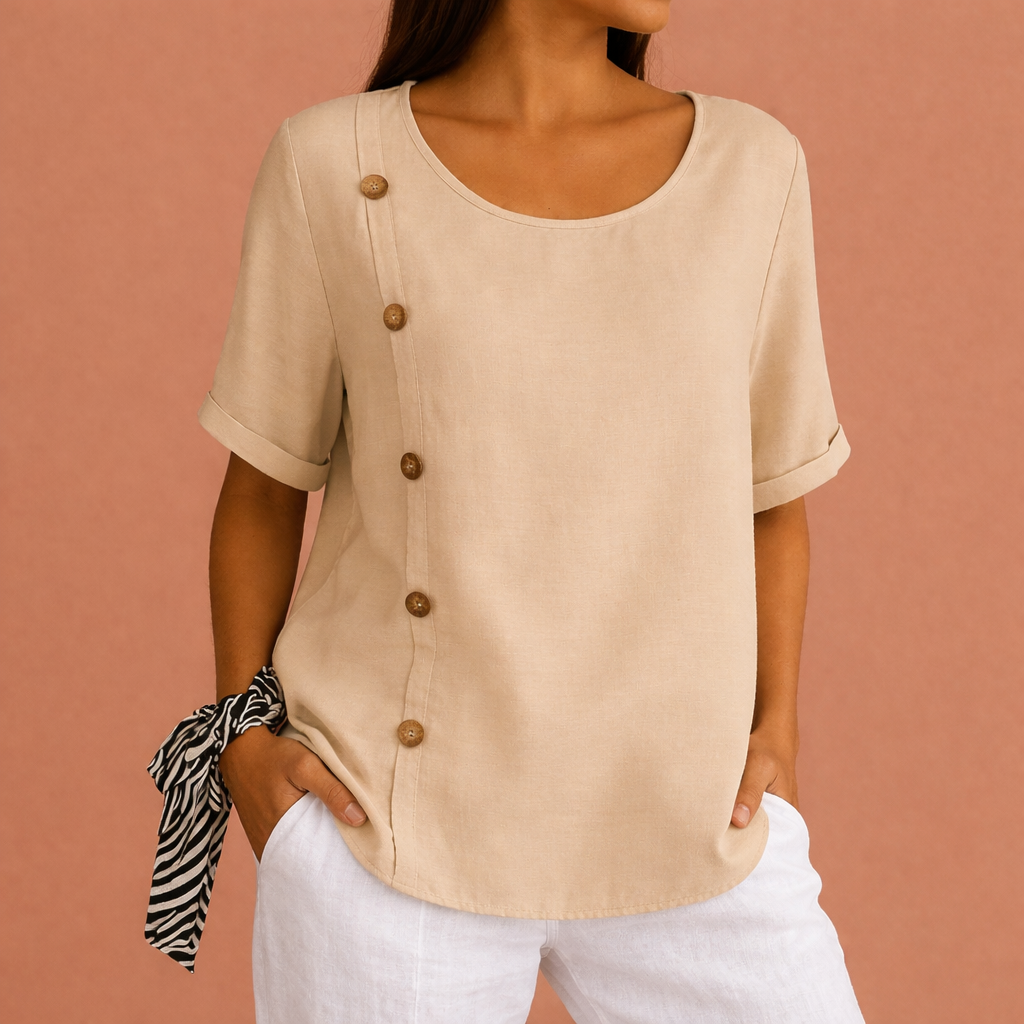 Short sleeve women's blouse with round neck and decorative buttons on the side | Elara
