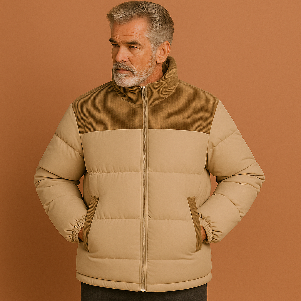 Beige puffer jacket with corduroy detail for men with regular fit | Dylan