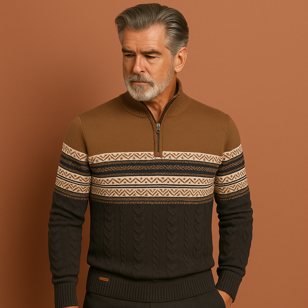 Knitted winter sweater with zipper and Norwegian pattern for men | Mees