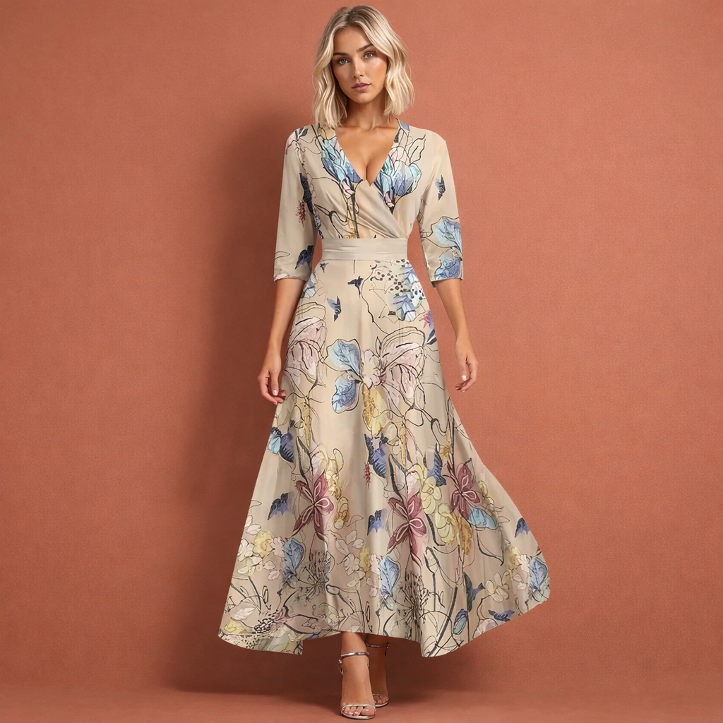 Long floral print dress with V-neck for women | Penelope
