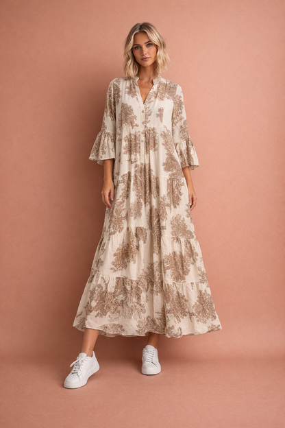 Maxi dress with print, flounce sleeves, and stand-up collar for women | Petra