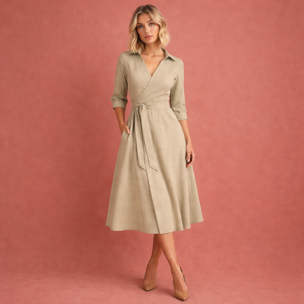 Midi dress with flared fit and lapel collar for women | Riley