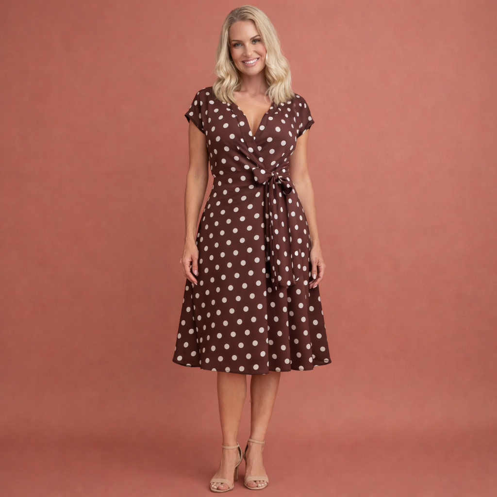 Polka dot dress with V-neck and belt for women | Frederika