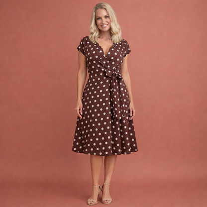 Polka dot dress with V-neck and belt for women | Frederika