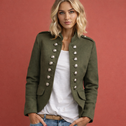 Ladies' military-style cardigan with stand-up collar and decorative buttons | Eefje