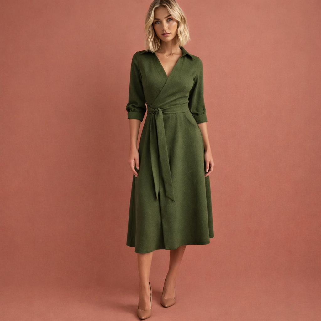 Midi dress with flared fit and lapel collar for women | Riley