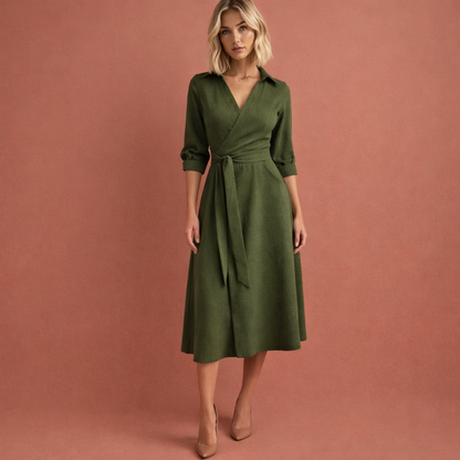 Midi dress with flared fit and lapel collar for women | Riley