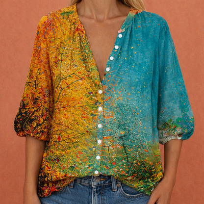 Printed blouse with V-neck and button closure for women | Mireya