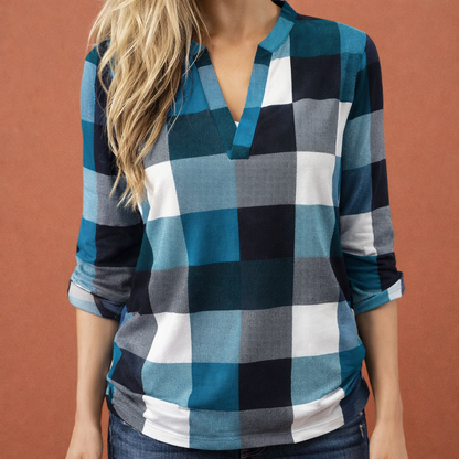 Plaid V-neck blouse for women with long sleeves and cuffed sleeves | Zafira