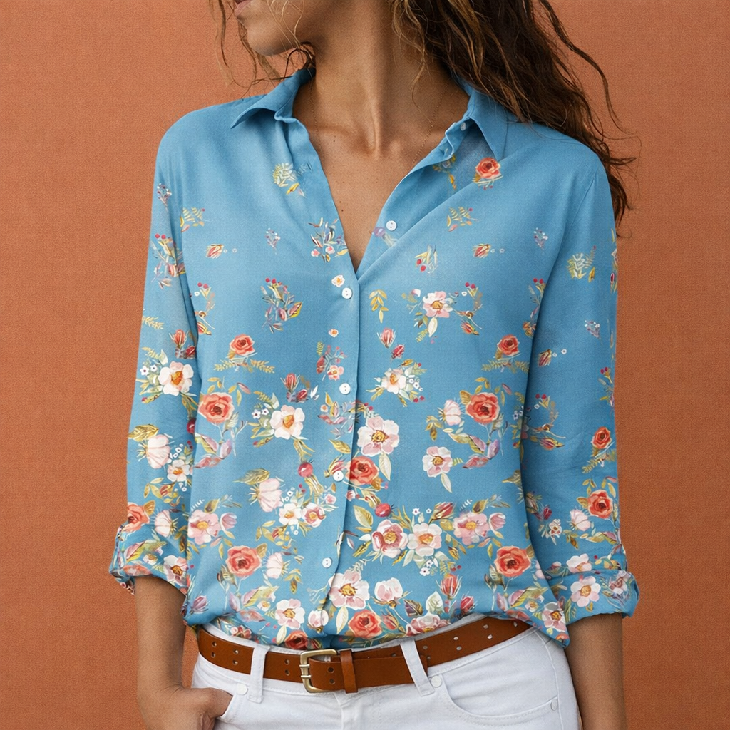 Printed women's blouse with classic collar and button closure | Hanna