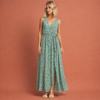Sleeveless maxi dress with floral print and high slit for women | Lotte