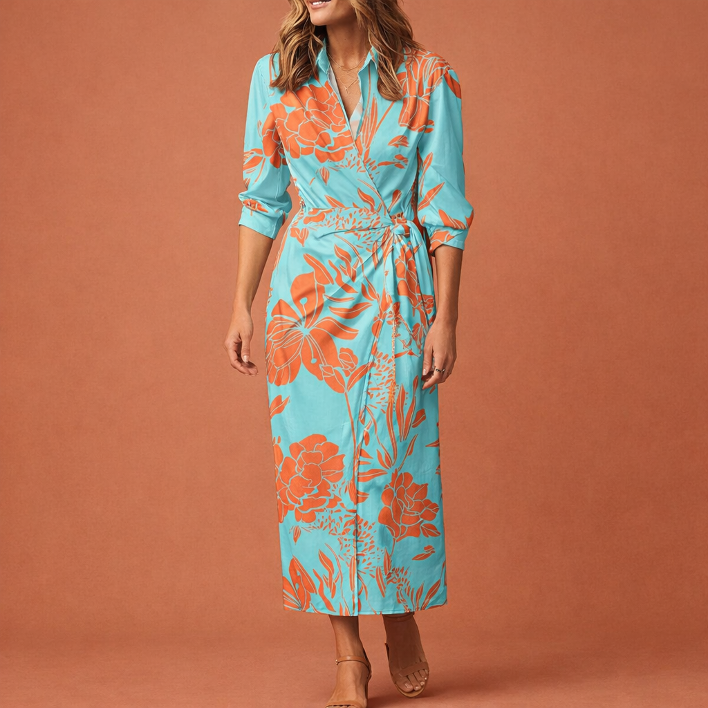 Maxi wrap dress with collar for women | Evelia