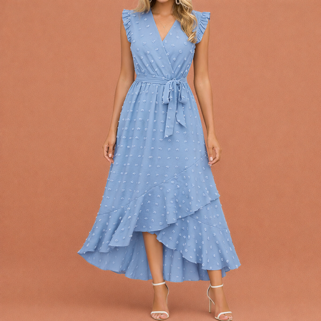 Maxi pleated dress with polka dots and short sleeves for women | Celina
