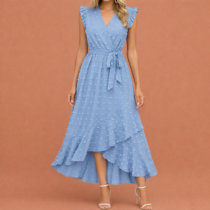 Maxi pleated dress with polka dots and short sleeves for women | Celina