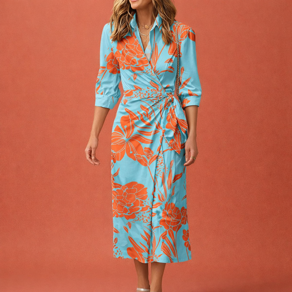 Maxi wrap dress with flattering fit and cheerful print for women | Amelie