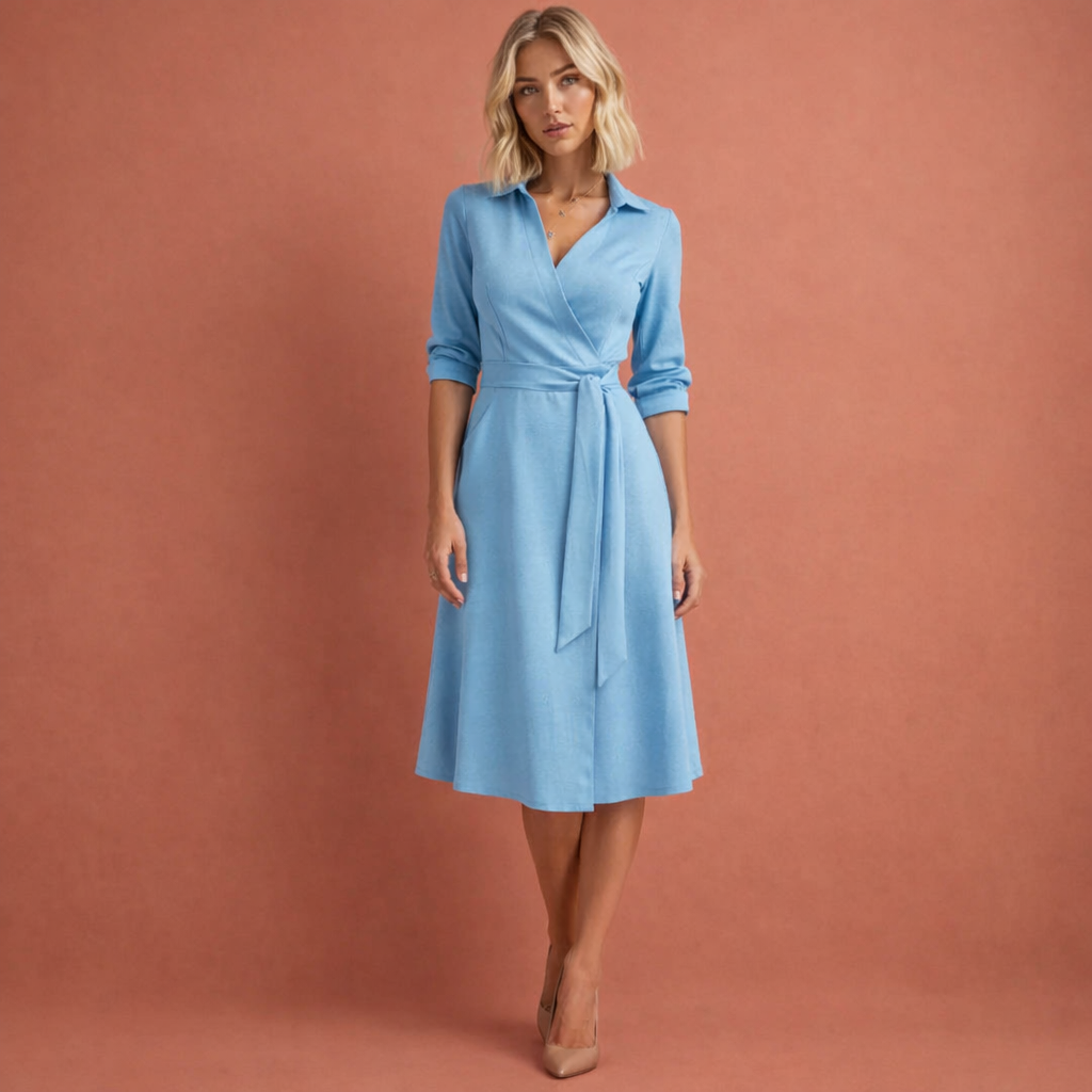 Midi dress with flared fit and lapel collar for women | Riley