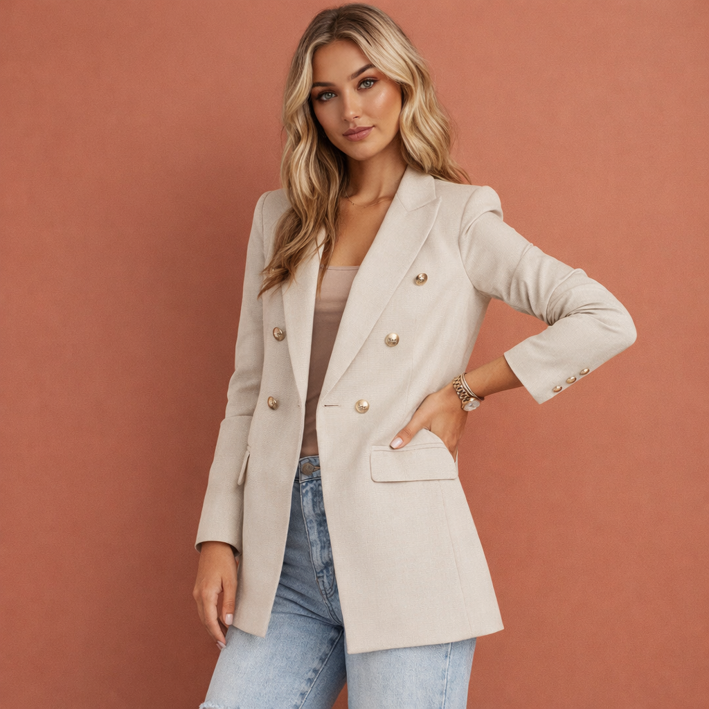 Long tailored blazer with gold buttons for women | Frederique