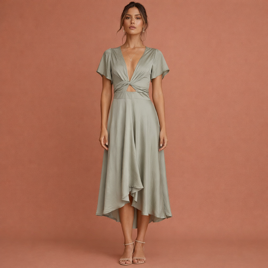 Maxi vintage V-neck dress for women with belt and airy fit | Norelle