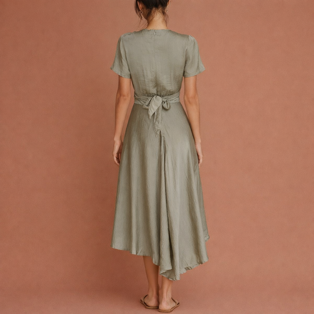 Maxi vintage V-neck dress for women with belt and airy fit | Norelle