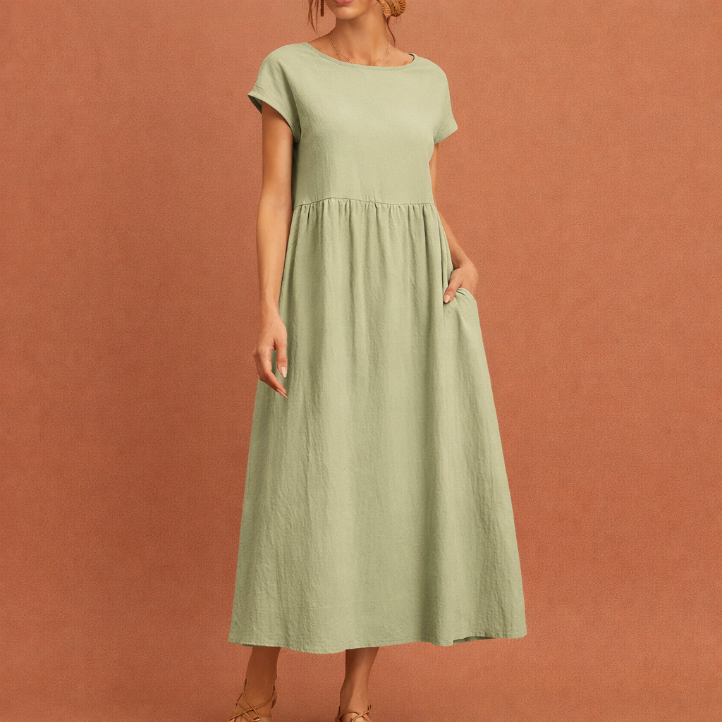 Midi vintage O-neck dress for women with a loose fit and summer elegance | Hilde