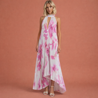 Pleated maxi dress with halter neck and print for women | Amara