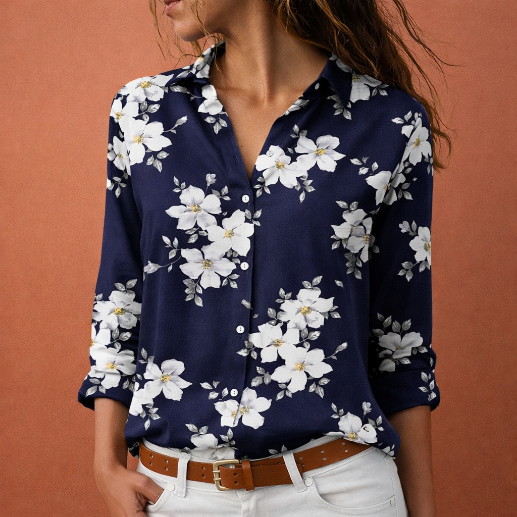 Printed women's blouse with classic collar and button closure | Hanna