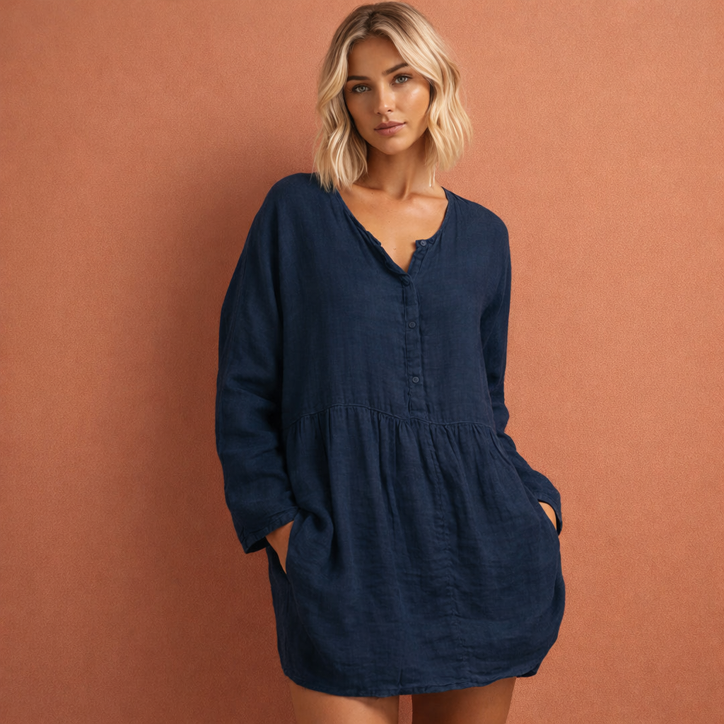 Linen tunic with V-neck and pockets for women | Johanna