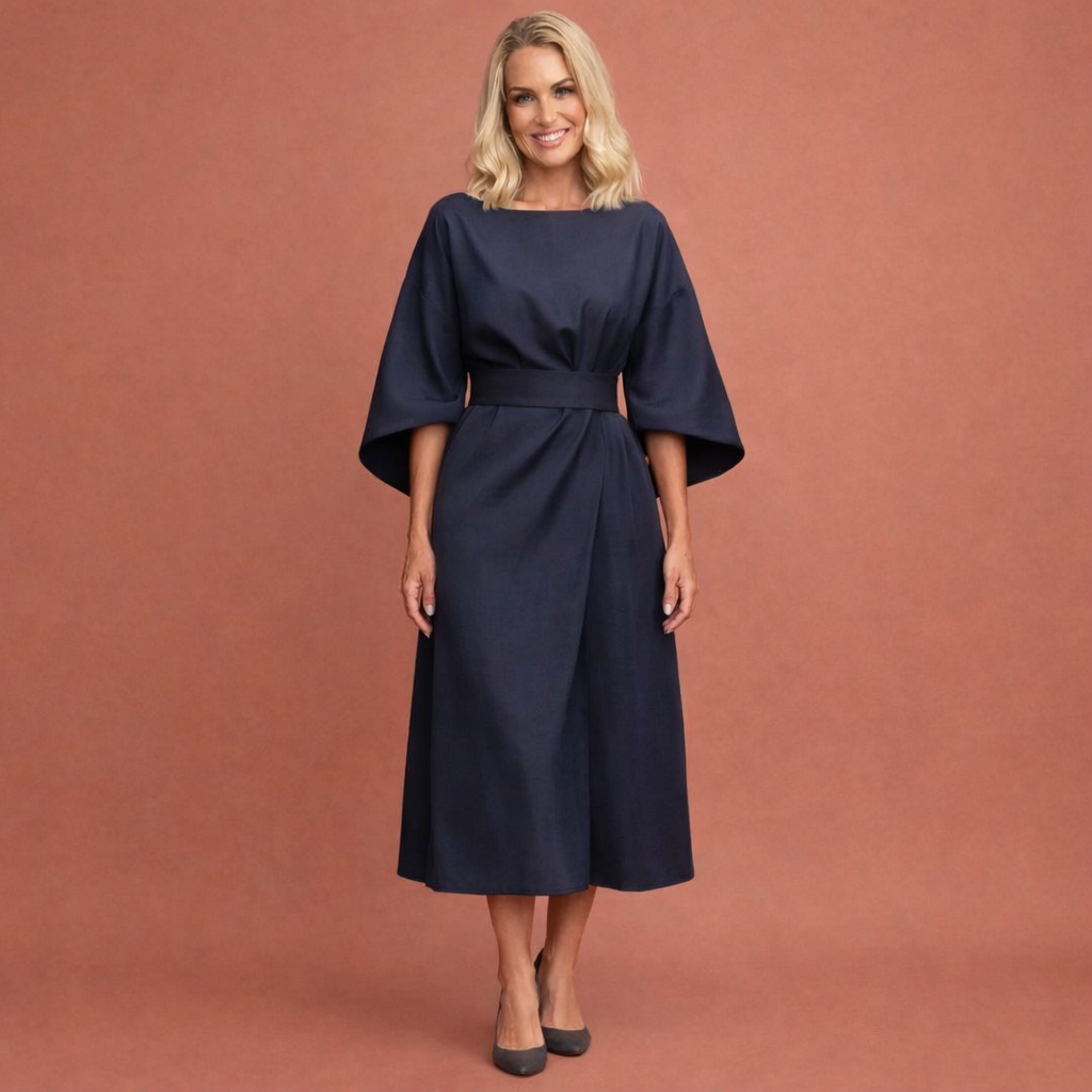 Maxi wrap dress with belt and wide sleeves for women | Evelina