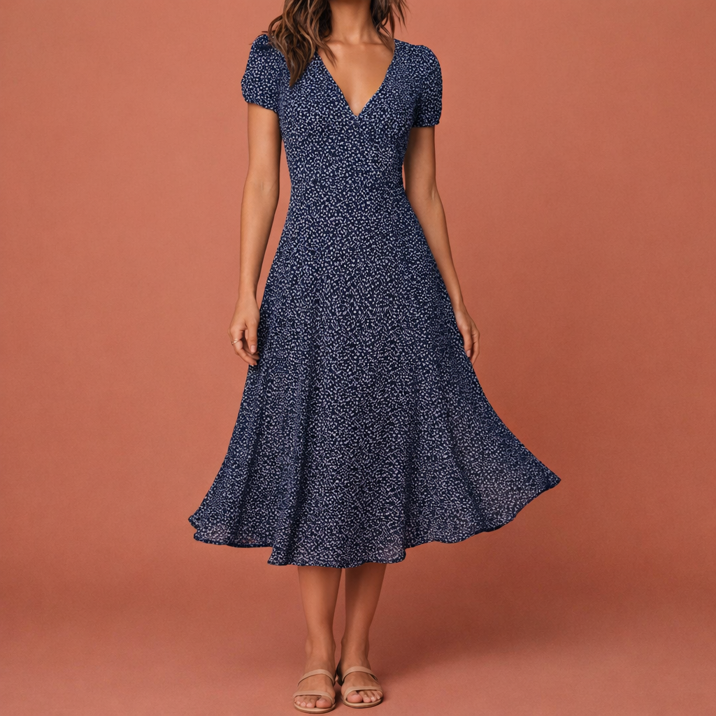 Summer Midi A-Line Dress with Floral Print and V-Neck for Women | Celine