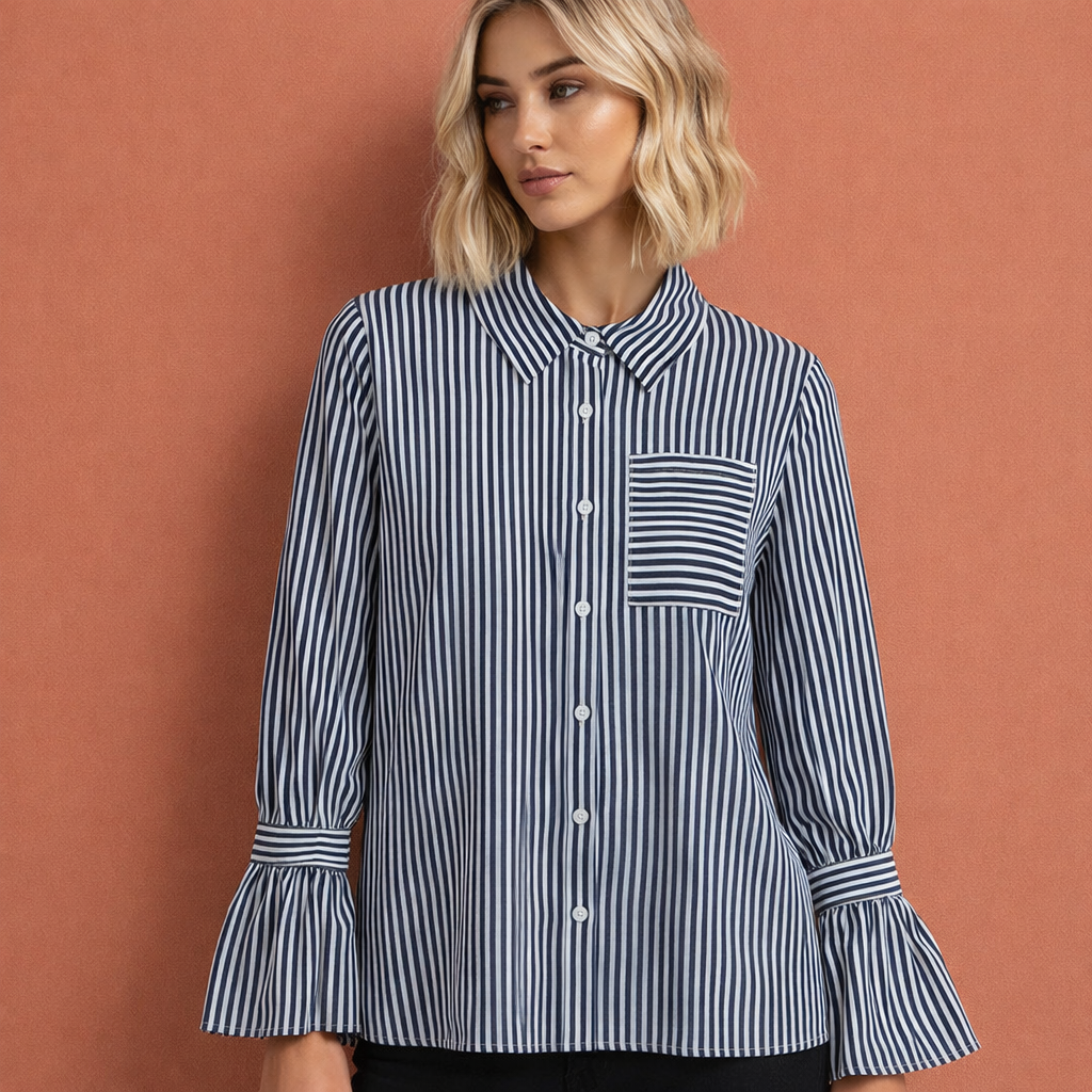 Striped ladies' blouse with flared sleeves in navy blue | Charlotte