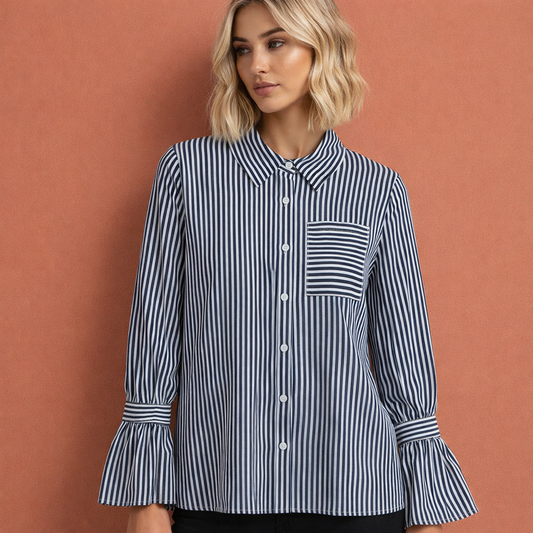 Striped ladies' blouse with flared sleeves in navy blue | Charlotte
