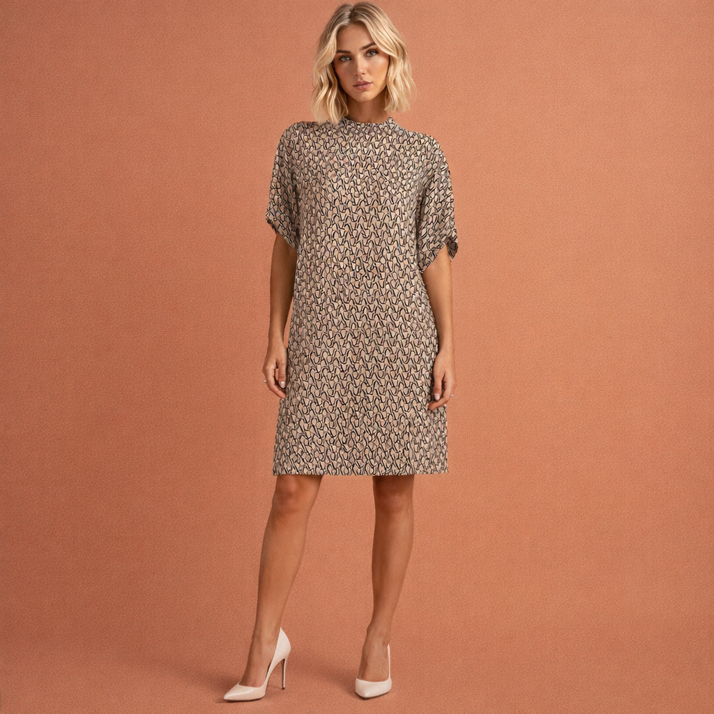 Printed dress with a high collar and short sleeves for women | Aurora