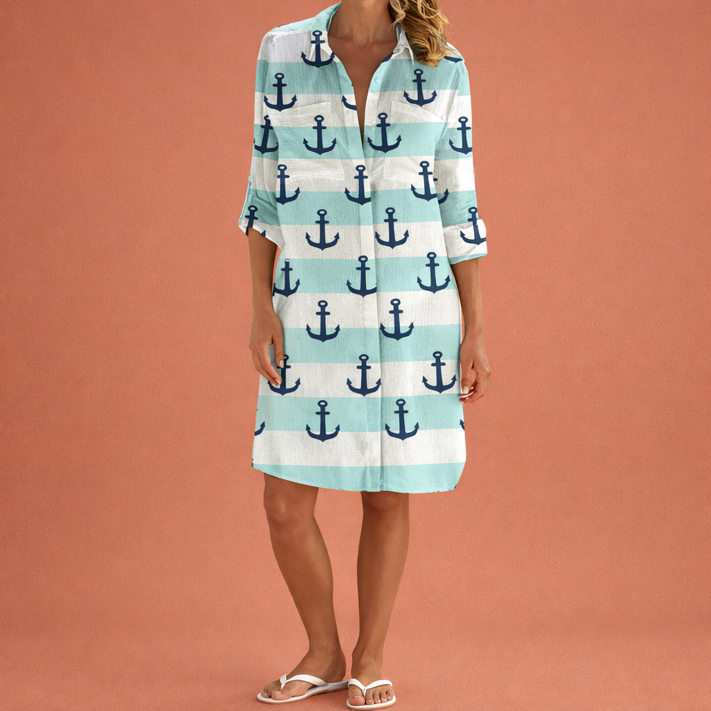 Midi summer dress with colorful print and A-line fit for women | Annalise