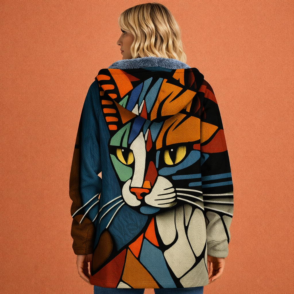 Unisex cardigan with hood and abstract cat print for women | Carline