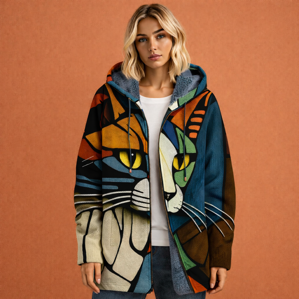 Unisex cardigan with hood and abstract cat print for women | Carline