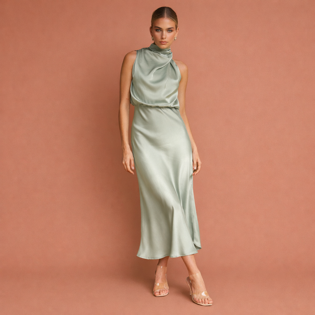 Elegant maxi dress with draped neckline and sleeveless design for women | Helena