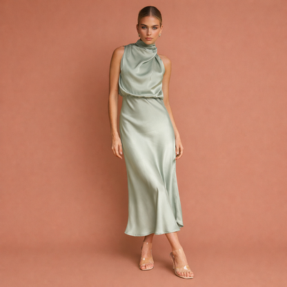 Elegant maxi dress with draped neckline and sleeveless design for women | Helena
