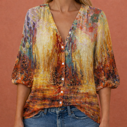 Printed blouse with V-neck and button closure for women | Mireya