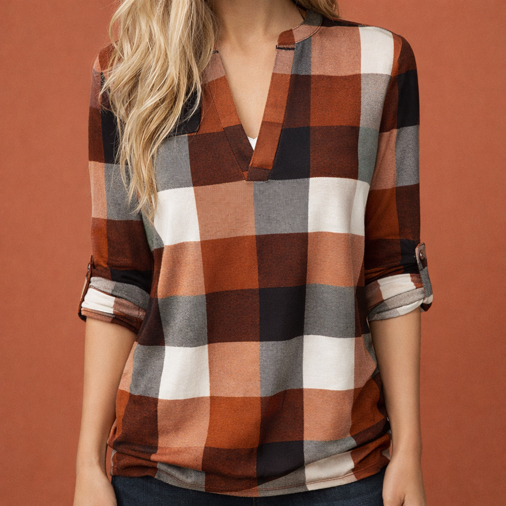 Plaid V-neck blouse for women with long sleeves and cuffed sleeves | Zafira