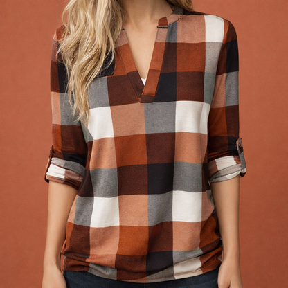 Plaid V-neck blouse for women with long sleeves and cuffed sleeves | Zafira