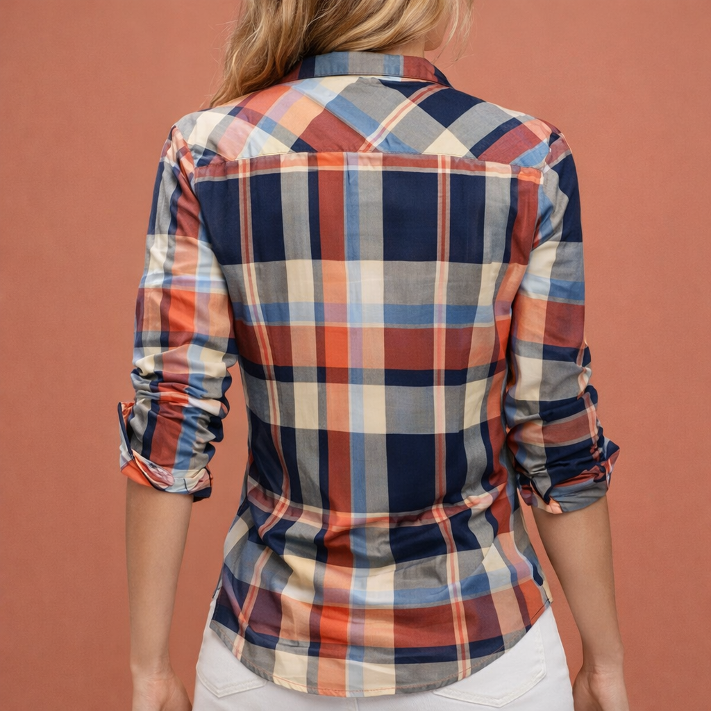 Checked shirt blouse for women with roll-up sleeves and casual fit | Marleen