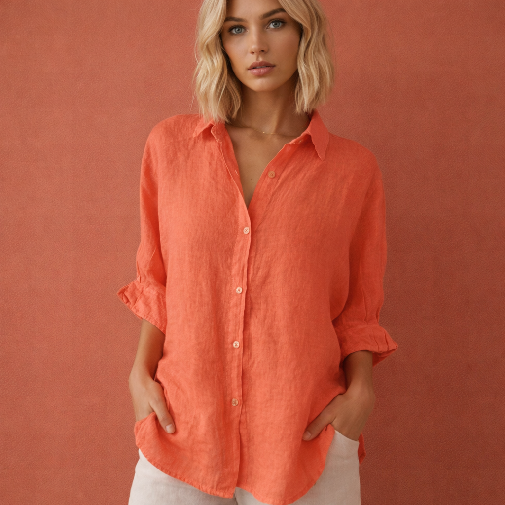 Loose-fitting linen blouse for women with rolled-up sleeves | Marijke