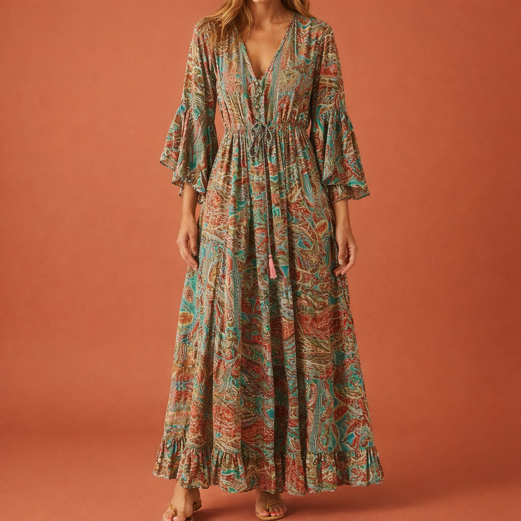 Maxi Bohemian Floral Dress with Flared Sleeves for Women | Aveline