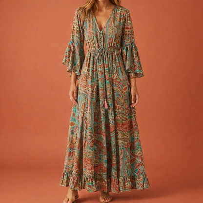 Maxi Bohemian Floral Dress with Flared Sleeves for Women | Aveline