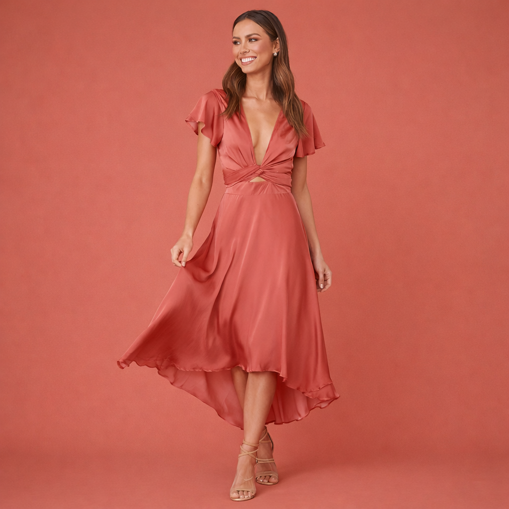 Maxi vintage V-neck dress for women with belt and airy fit | Norelle
