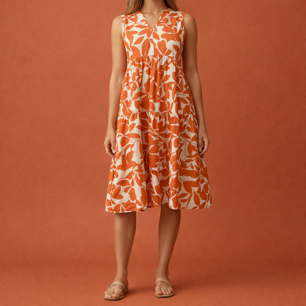 Midi summer dress with V-neck for women | Saar